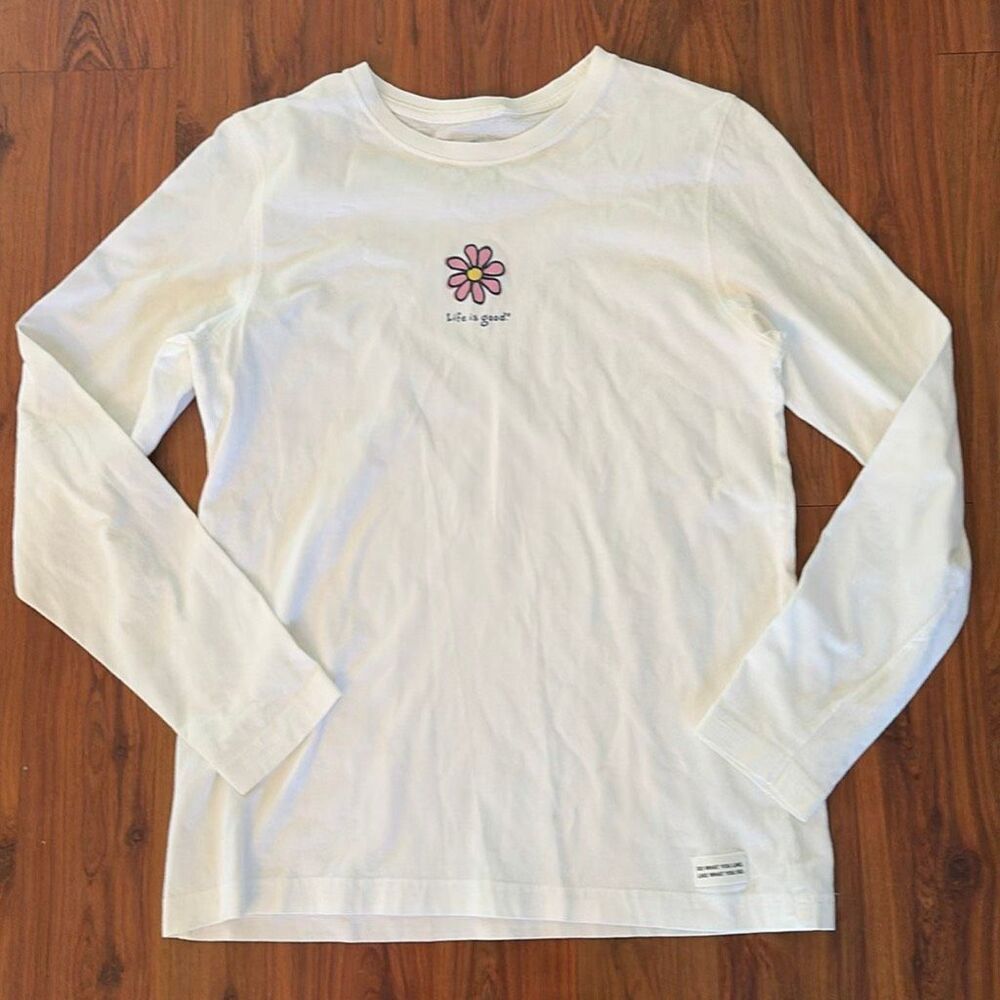 Life is Good white cotton, long sleeve T-shirt with pink daisy size small